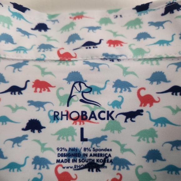 Rhoback Polo Size Large Golf Shirt Dinosaur Print The Big Foot Short Sleeve Mens - Picture 3 of 4